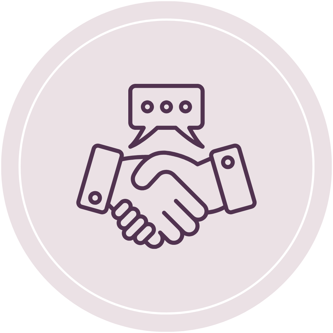 A handshake icon in a purple circle.