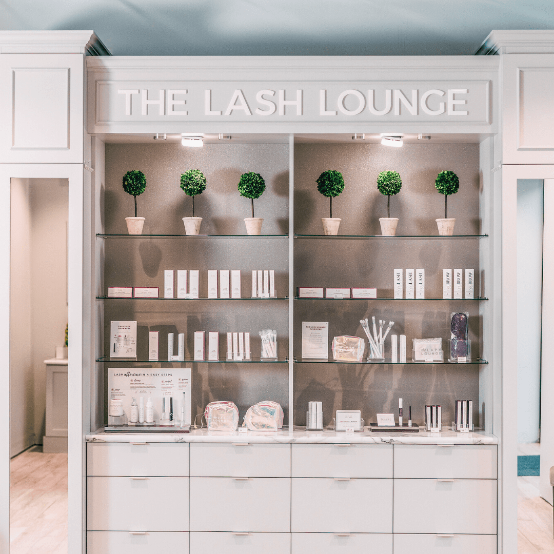 Eyelash products on the shelf at The Lash Lounge franchise.